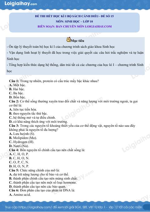 Đề thi học kì 1 Sinh 10 Cánh diều - Đề số 15